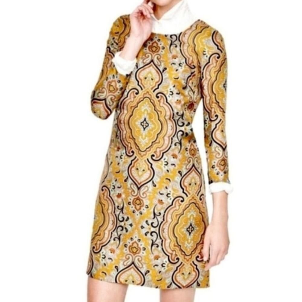 EUC J.Crew Collection Shift Dress Sz 6 100% Silk Ratti Gold Paisley Pockets